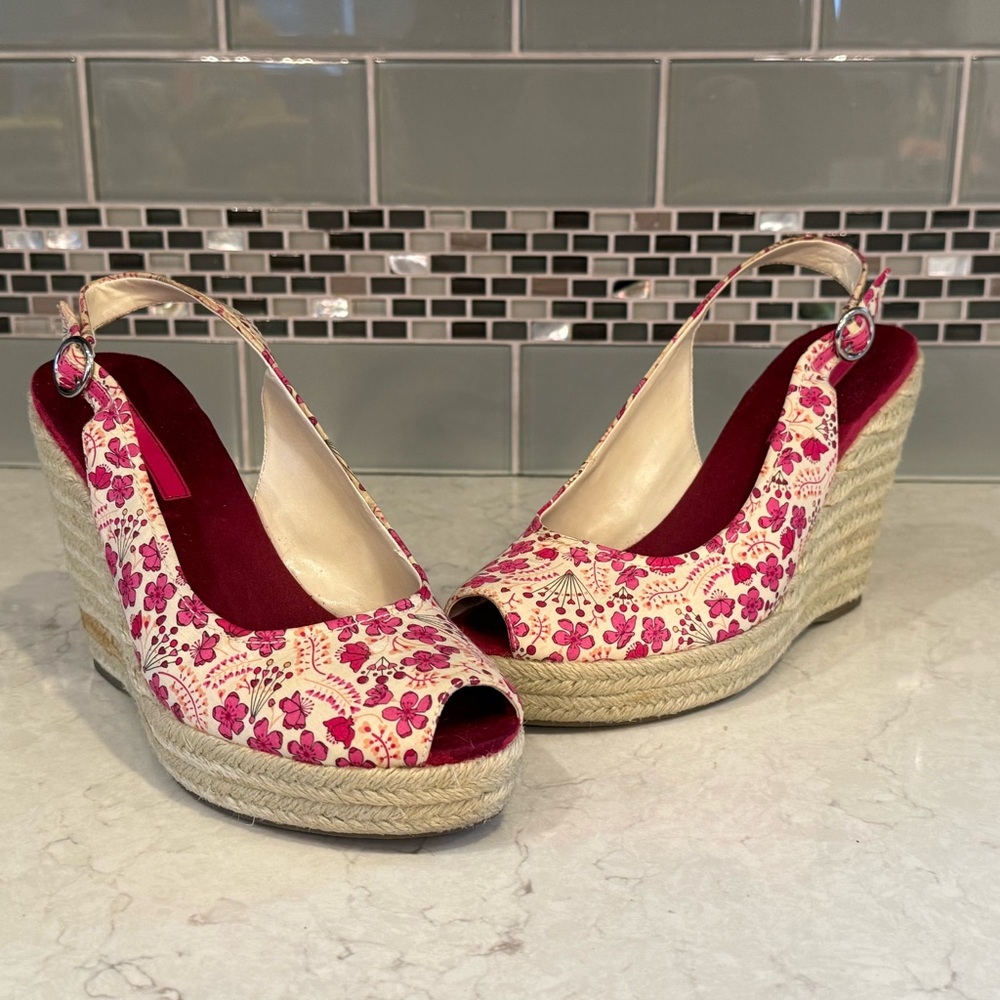 Bandolino Pink Floral Sling Back Peep Toe Espadrille Wedge Sandals - 9M